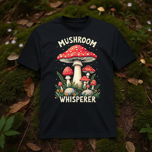 T-shirt Mushroom Whisperer, design de champignons rouges et blancs, cadeau pour les amateurs de mycologie - Product Image 3