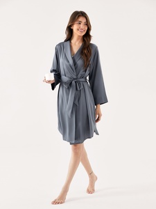 Robes personnalisées avec logo, mi-longues, à nouer à <span class=keywords><strong>la</strong></span> taille, élégantes, vêtements de détente, vêtements de nuit de luxe, robe en satin de soie - Product Image 4