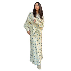 Ensemble haut et jupe à manches longues à imprimé floral blanc, taille nouée, costume décontracté pour femmes S M L XL XXL - Product Image 5