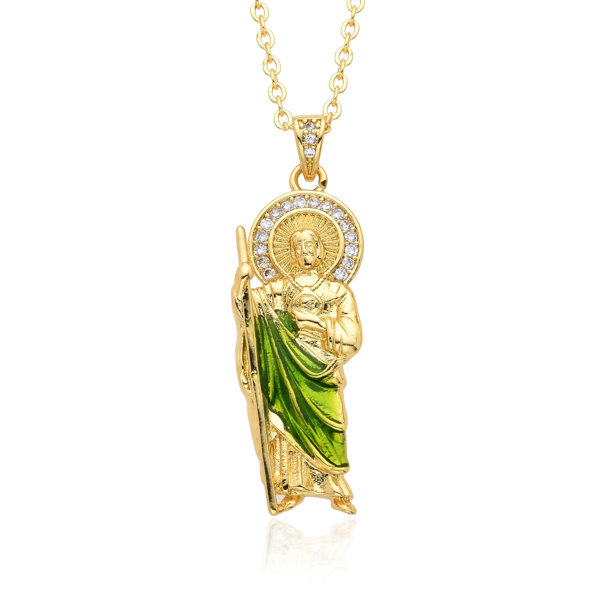 Saint Jude San Judas Tadeo Medalla Collier Vert Or 18K Rempli Femmes Hommes Sans Ternir Chaîne Pendentif Bijoux Cadeau de Foi