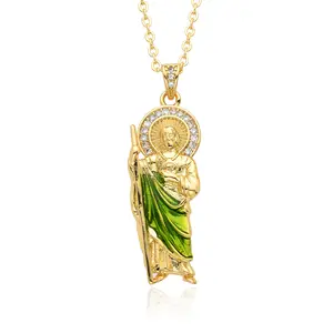 Saint Jude San Judas Tadeo Medalla Green Necklace 18K Gold Filled Women Men Non Tarnish Chain Pendant Jewelry Faith Gift