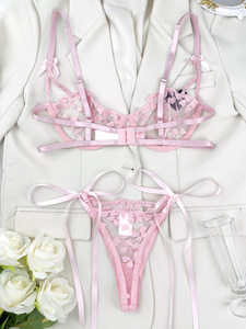 Conjunto de lencería sexy de encaje con bordado de corazón al por mayor, sujetador con aros de malla transparente y bragas tipo tanga con lazo lateral, ropa interior transparente. - Product Image 5
