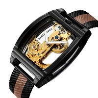 Reloj Mecánico Automático de Lujo para Hombre SHENHUA con Correa Negra de Cuero Genuino y Caja de Acero Inoxidable con Aleación Dorada Transparente
