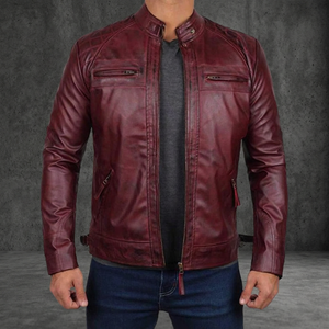 Blouson unisexe en cuir et toile, coupe racer, imperméable, coupe-vent, respirant, col mandarin, fermeture éclair sur le devant - Product Image 1