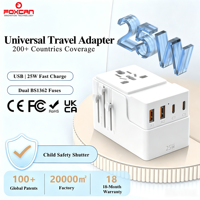 Adaptador de Viaje Universal Foxcan 2400W AC con PD 25W QC3.0 2USB-C+2USB-A GaN Todo en Uno, Certificado CE/FCC para Relojes y Auriculares