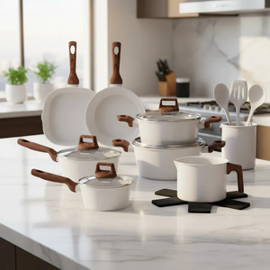 Ollas y Sartenes de Alta Calidad con Asas de Madera Suave al Tacto, Cerámica Beige Antiadherente, Juego de Utensilios de Cocina de Aluminio Forjado - Product Image 5