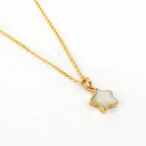 Natural White sugar druzy agate gemstone necklace electroplated star shape pendant hand design link chain necklace jewelry gift