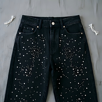 Jeans en denim streetwear personnalisés pour hommes, avec strass, de créateur, de haute qualité, délavés à l'acide, effet usé, coupe ample
