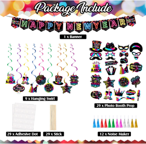 Kit per Festa di Capodanno: Striscioni Colorati, Bandierine, Ghirlande in Foil, Accessori per Foto, Decorazioni Luccicanti, Cornucchie e Articoli per Feste - Product Image 6