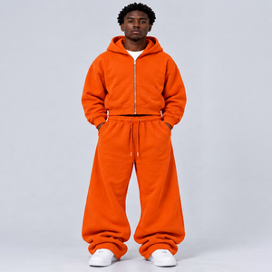 Ensemble de survêtement décontracté unisexe en molleton orange uni avec sweat à capuche zippé et pantalon de survêtement en polyester et coton - Product Image 1