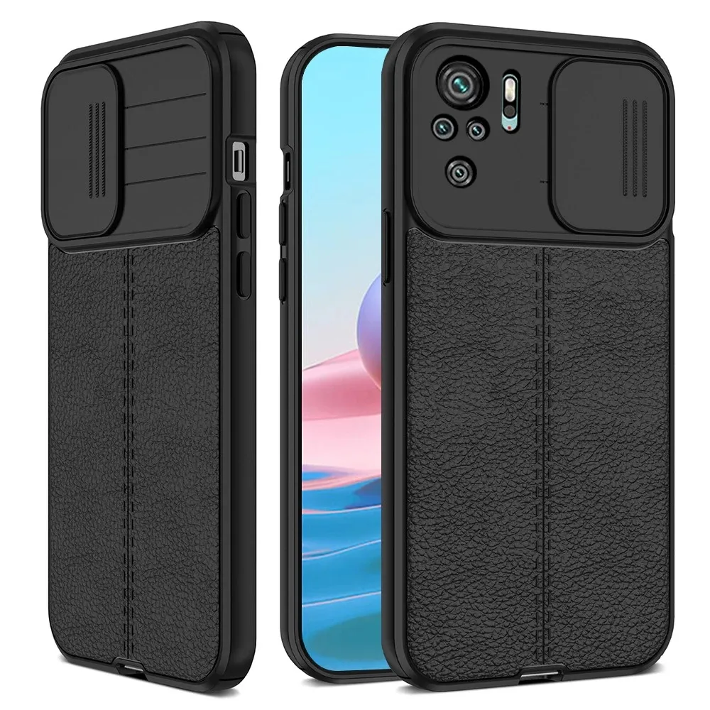 Push Camera Shockproof Leather Case For Xiaomi Redmi Note 10 Pro Max Note 8 9 10S 9S 9T Leather Back Cover Protect Phone Case