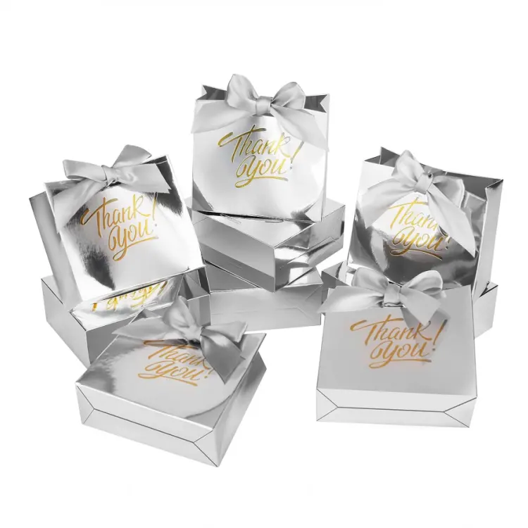 Small Thank You Bags Party Favor Bags Silver Paper thank you gift bags With Bow Ribbon For Birthday Wedding Party Holiday