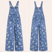 Salopette en jean sans manches à motif floral, longueur cheville, style boutique pour les promenades matinales