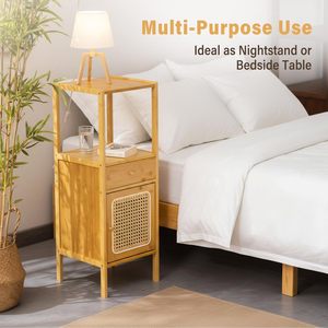 Natural Bamboo <strong>Tall</strong> <strong>Narrow</strong> Storage Cabinet with Rattan Door <strong>Drawer</strong> &amp; Open Top Shelf for Living Room Bathroom Bedroom - Product Image 6