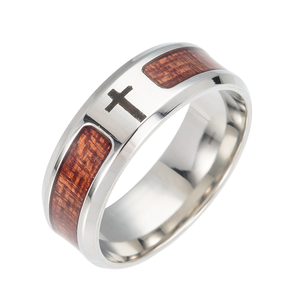 Bagues en acier inoxydable poli miroir avec croix en <span class=keywords><strong>bois</strong></span> pour hommes, étanches, avec logo laser tête de mort, pour mariage et fiançailles, style vintage - Product Image 1