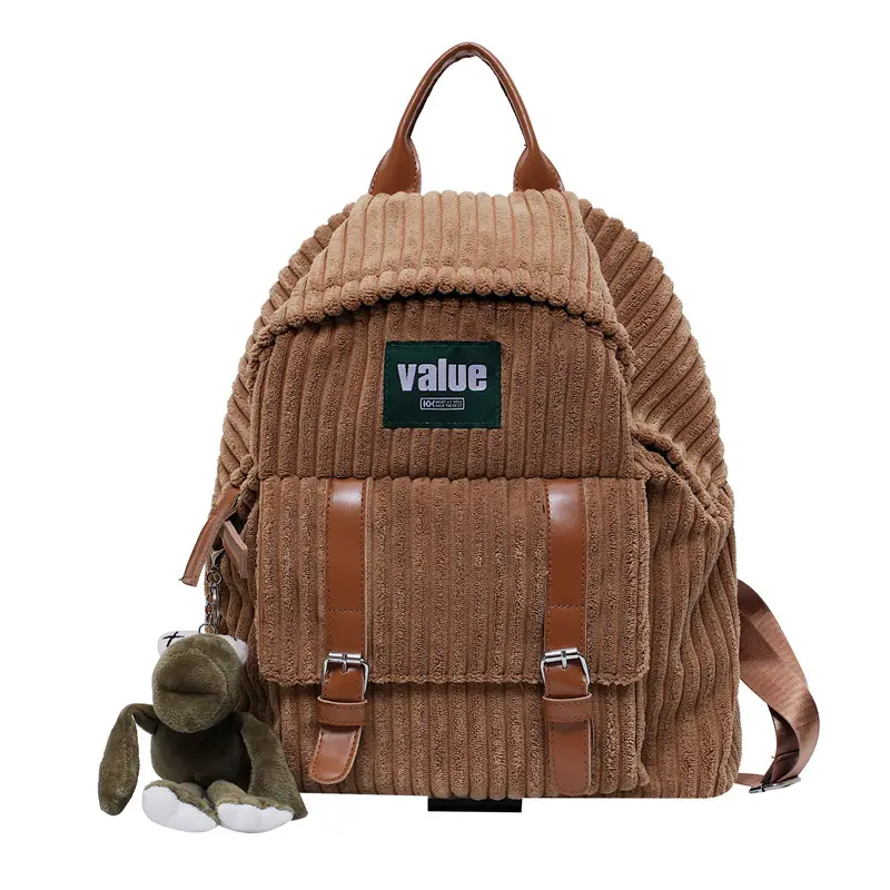 2022 Wholesale Custom Logo Winter Through Corduroy PU Fabric Middle Women Girls Travel Rucksack College Bookbag School Bags