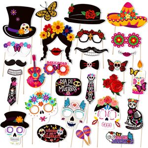 Hstyle 30PCS Mexikanisches Thema Halloween <span class=keywords><strong>Photo</strong></span> <span class=keywords><strong>Booth</strong></span> Requisiten Tag der Toten Dekore Zuckers chädel Masken Ringelblume Blumen Dekore HS1907 - Product Image 4