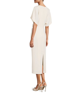 Elegante Vestido Midi Blanco de Satén con Manga Casquillo, Cuello Redondo, Silueta Ajustada Tipo Lápiz, Ropa Formal - Product Image 3