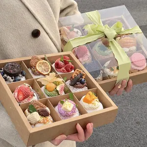 Kraft Paper Food Cookie Macaron Cupcake Box Embalagem 9 Peças Doce Mini Bolo Donut Party Wedding Box Com Janela Clara