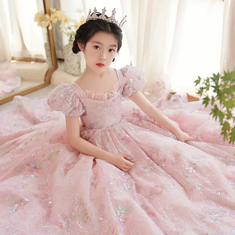 Yalindars Luxury Full Flower Girl Satin 2023 Wedding Ball Gown Elegant Kid Birthday Party Sequins Lace Baby Dress 3 to 5 Year
