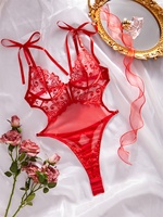 2024 body à fleurs sans couture Sexy voir à travers des sous-vêtements profond V ouvert entrejambe Sissy exotique rouge Lingerie