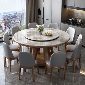 Table à manger ronde en pierre frittée avec plateau tournant, base en bois massif, design moderne et minimaliste pour salle à manger à domicile - Product Image 1