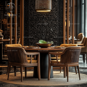Set di Arredamento per Ristorante e Caffetteria: Tavolo Rotondo in Legno Marrone Scuro con 4 Sedie in Legno Marrone Scuro e Cuscini in Velluto per Bar - Product Image 4