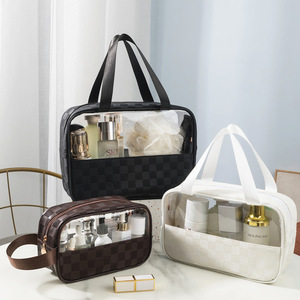 Sac cosmétique transparent en PVC à carreaux, grande capacité, fermeture éclair, trousse de toilette de voyage, organisateur de maquillage, pochette de rangement - Product Image 1