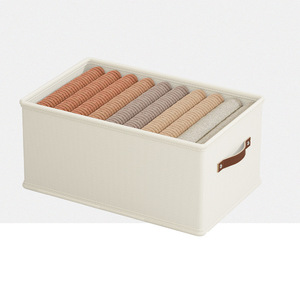 Caja de almacenamiento plegable de tela Oxford de Yiwu, rectangular, beige gris, con asa de cuero, organizador de ropa para armario, almacenamiento plegable. - Product Image 1