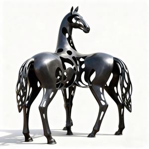 Art moderne en acier inoxydable ajouré représentant un duo de chevaux pour hall d'hôtel, espace commercial, taille personnalisée - Product Image 2