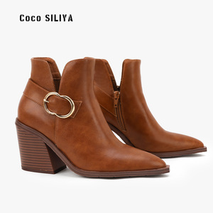 Botines de Mujer Coco SILIYA con Punta Puntiaguda, Tacón Grueso, Hebilla, Forro de Cuero Genuino, Aumento de Altura, Color Sólido - Product Image 3
