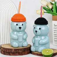 Gobelet en verre en forme d'ours en peluche mignon avec couvercle anti-poussière et paille, lavable et réutilisable, adapté à de multiples situations