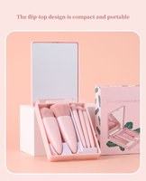 Ensemble de 5 pinceaux de maquillage doux et portables de couleur rose, avec boîte miroir, kit de voyage parfait pour les filles, à utiliser sur les yeux et les lèvres