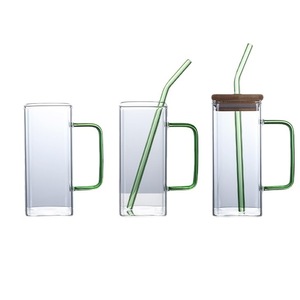 Gobelet en verre avec poignée verte et couvercle en bois, pour usage au bureau, couleur unie, gobelet individuel - Product Image 5