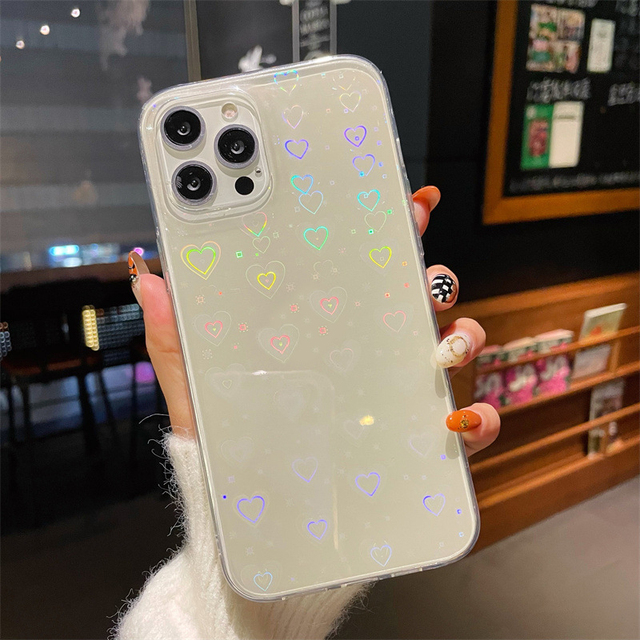 Fashion Holographic Heart Sparkle Glitter TPU Phone Cover for iphone 7 8 X Xr 11 12 13 Pro Max Hearts Rainbow Clear Back Cover