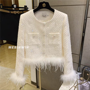 High Quality Ladies Tweed Jackets Sequin <strong>Feather</strong> Cropped <strong>Tops</strong> Buttons Fashion Luxury Elegant Woolen Short Blazer Coats for Women - Product Image 3