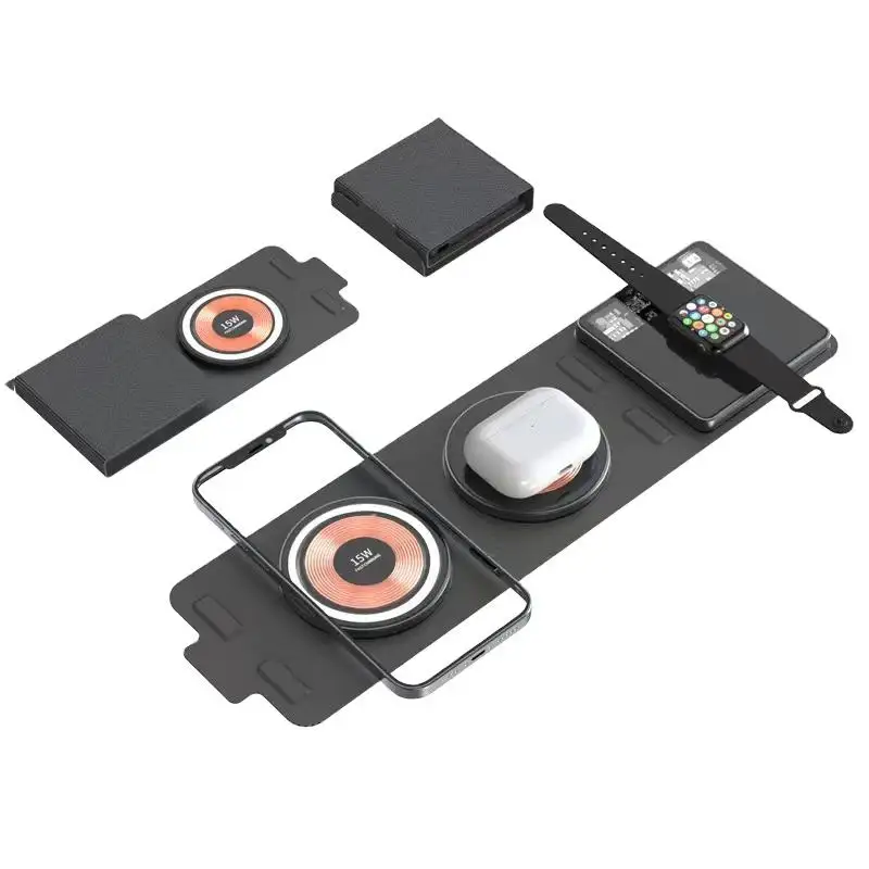 Cargador inalámbrico rápido magnético portátil multifunción Dual 15W 3 en 1 placas de carga de tela transparente para Iphone Iwatch