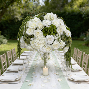 Boule de fleurs artificielles en soie personnalisée de luxe, décoration de centre de table de mariage, rose verte et blanche réaliste - Product Image 1