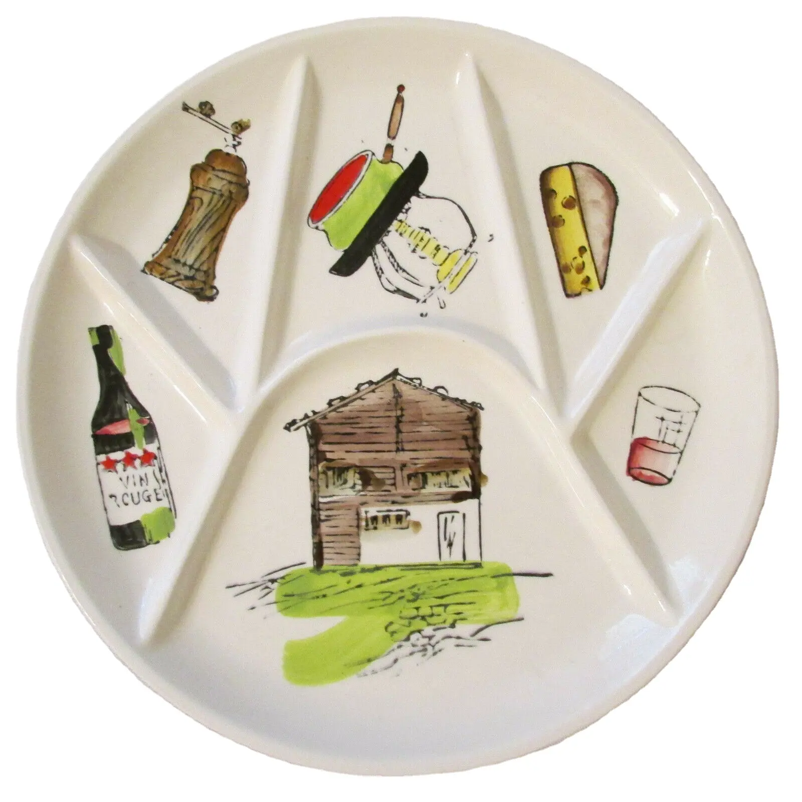 Vintage Mid-Century Set von 5 Keramik geteilten Fondue-Platten mit hand bemalten French Food Theme Scenic Design Snack-Platte