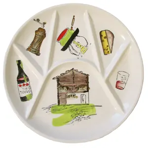 손으로 그린 프랑스 음식 테마 경치 디자인 스낵 접시와 5 세라믹 나누어 폰듀 접시의 빈티지 중반 세기 세트