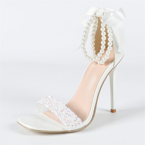 Nouvelles sandales de mariage pour femmes, talons hauts blancs d'été, décoration de perles - Product Image 1