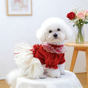 ชุดเดรสสัตว์เลี้ยงสีแดงกำมะหยี่พร้อมกระโปรงผ้าทูลสีขาวสำหรับสุนัขและแมว เสื้อผ้าลูกสุนัขตัวเล็ก ชุดวันหยุดสำหรับเทศกาล - Product Image 3