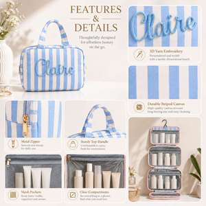 Bolsa de Cosméticos Personalizada para Mujer, Estuche de Lona a Rayas con Gancho para Colgar, Múltiples Bolsillos y Asa Portátil - Product Image 5