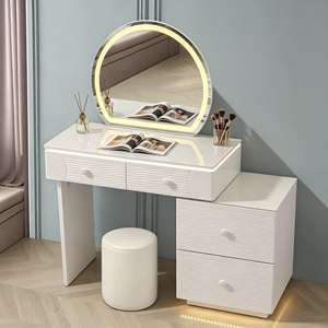 Nouvelle Arrivée : Ensemble Coiffeuse à Tiroirs Texturé Ondulé avec Miroir LED Rond, Meuble Latéral Détachable et Tabouret Cylindrique – Table de Maquillage pour Chambre - Product Image 6