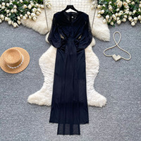 Robe longue élégante d'été pour femme, col en V, manches lanternes, taille cintrée, coupe trapèze, en maille, pour le quotidien