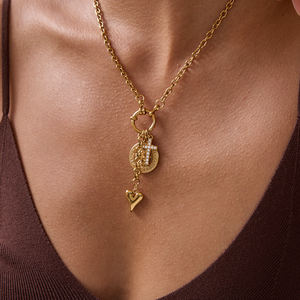 Collane J&D Stile Classico in Acciaio Inossidabile Dorato 18K con Fibbia a Marinaio e Ciondoli a Croce, Moneta e Cuore con Strass - Product Image 2