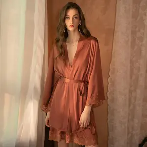 Spring And Summer Sexy Cardigan Satin Pajamas Women's Lace Up Nightgown Bathrobe Home Suit