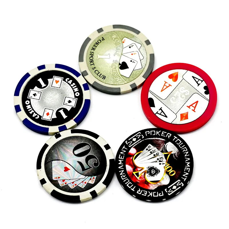 カスタムロゴテキサスホールデムポーカーABSセラミックポーカーチップホログラムレーザーギャンブルカジノポーカーチップセット、レーザーラベル付き