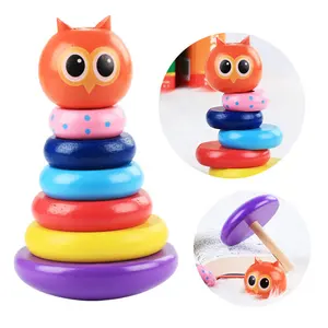 Menarik Anak-anak Montessori Pendidikan Macaron Cincin Kayu Owl Stacker Mainan untuk Anak-anak