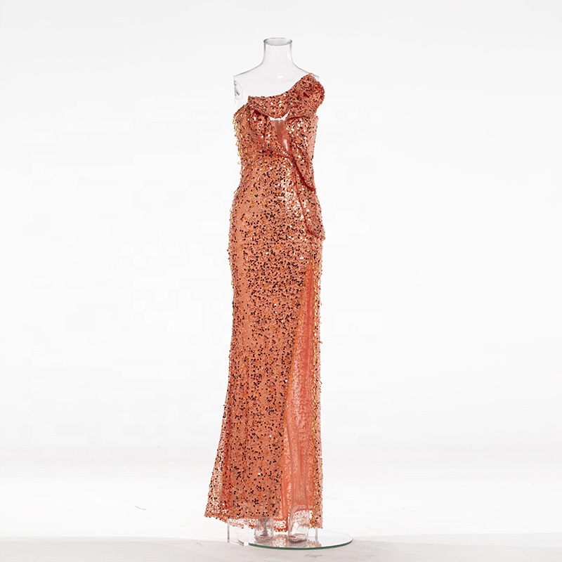 coral sequin bridesmaid dresses Simple Coral Mermaid Off Shoulder Side Slit Maxi Long Bridesmaid Dress –  QueenaBridal main image 1
